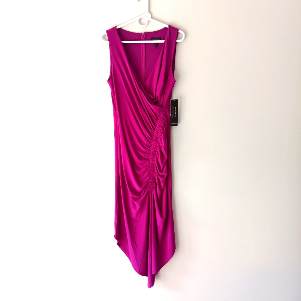 New Adrianna Papell Shirred Jersey Sleeveless Midi Dress Wild Magenta Size 10